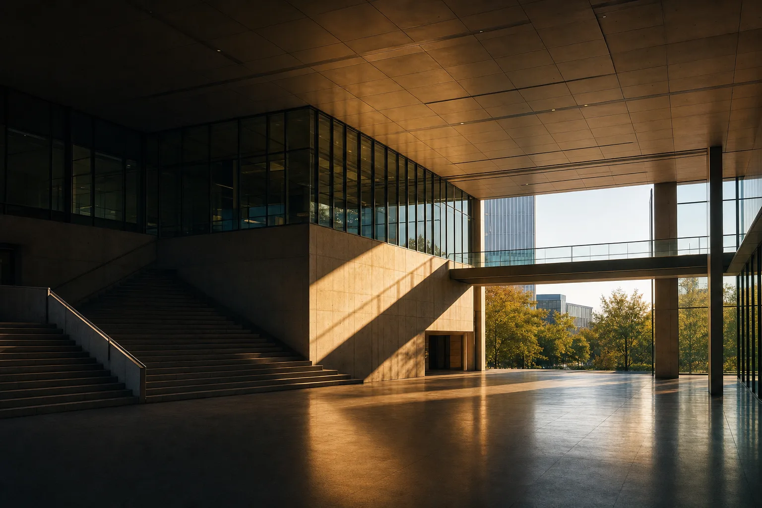 A modern research campus atrium of concrete and glass in warm evening light