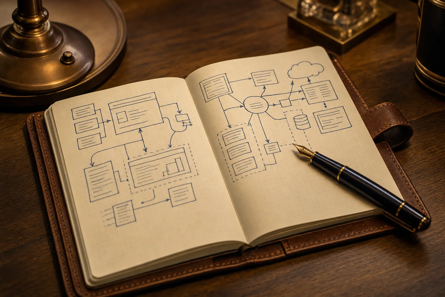 An open leather notebook with a hand-drawn system diagram and a fountain pen, in warm lamplight