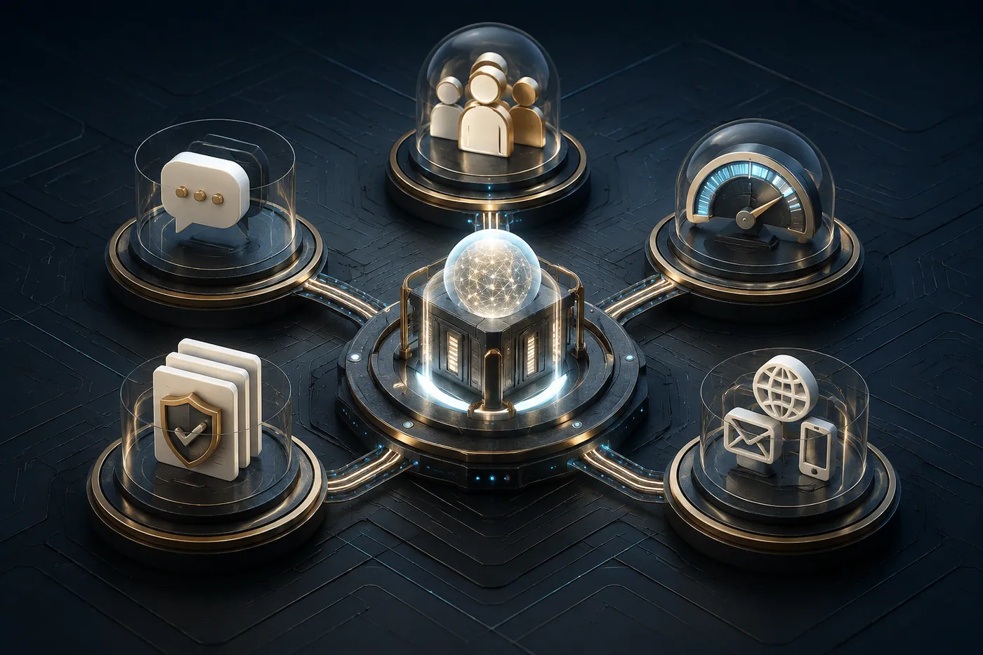 A central governed gateway linked to five capsules: conversation, people, measurement, secured documents, and delivery channels