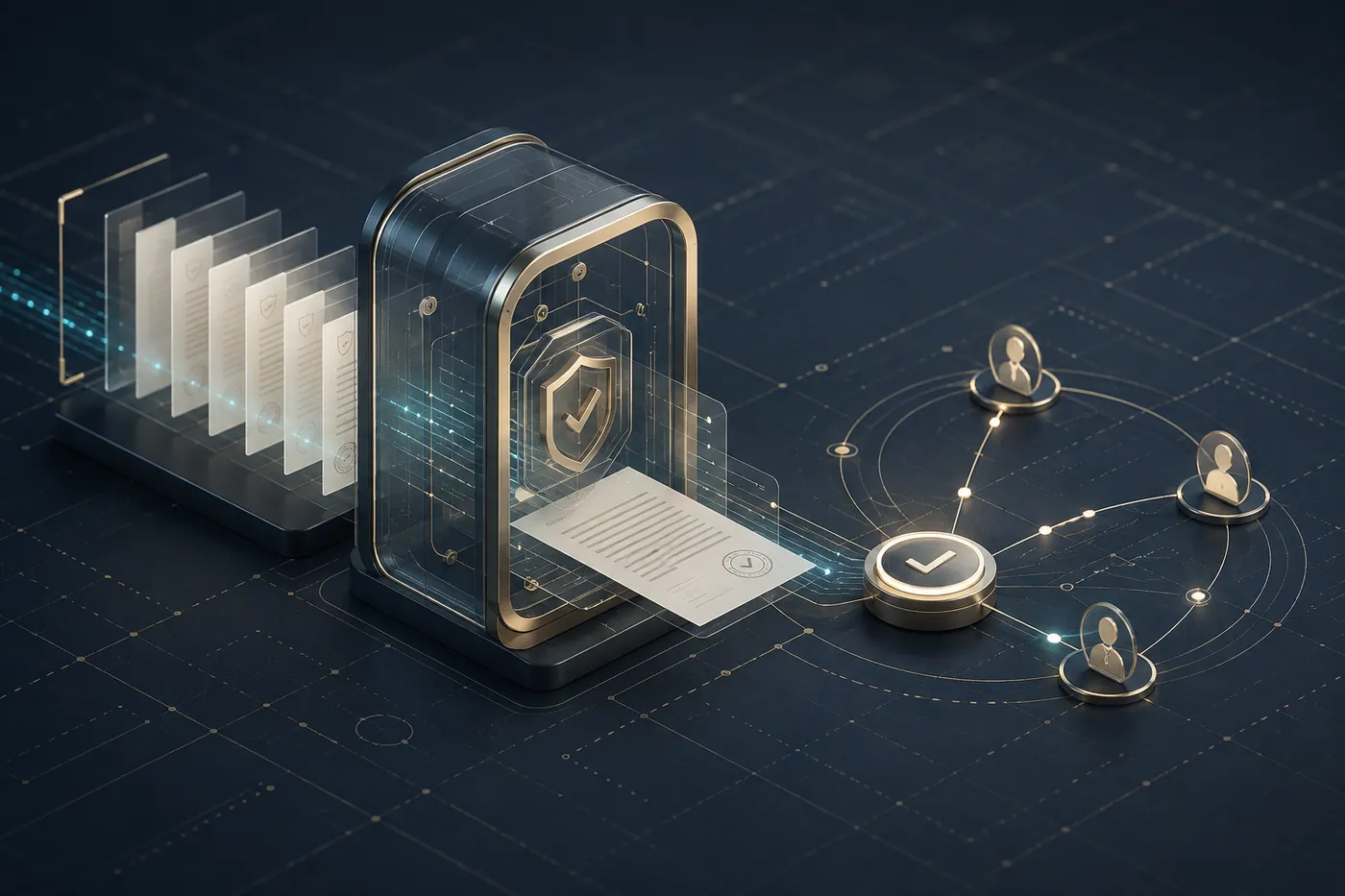Documents passing through a shielded gate and into an approval flow with named reviewers