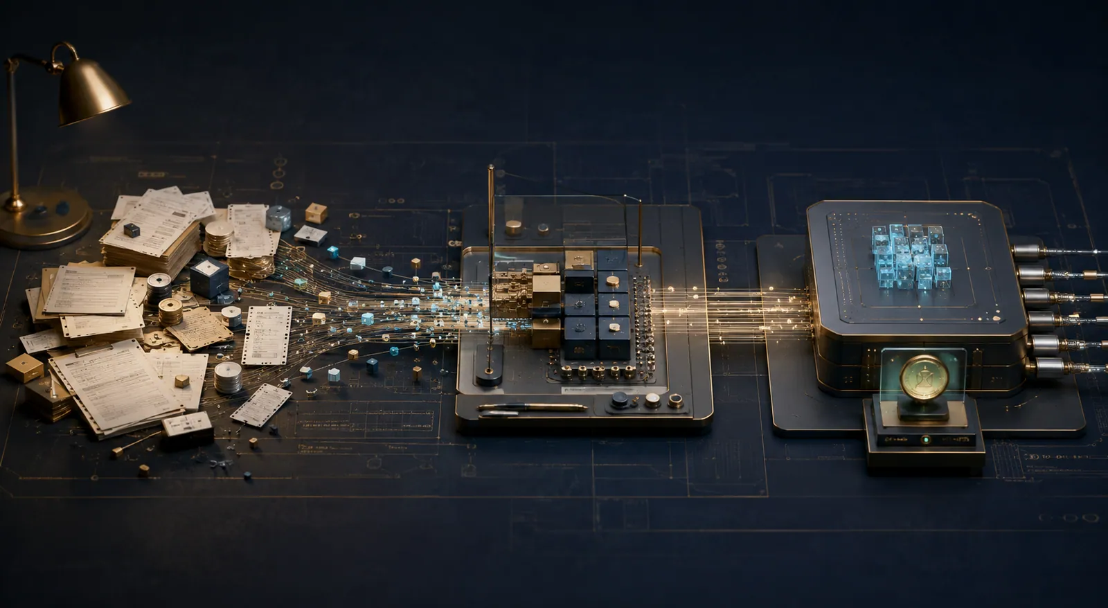 Loose paperwork drawn through a precision machine and emerging as a clean, metered output